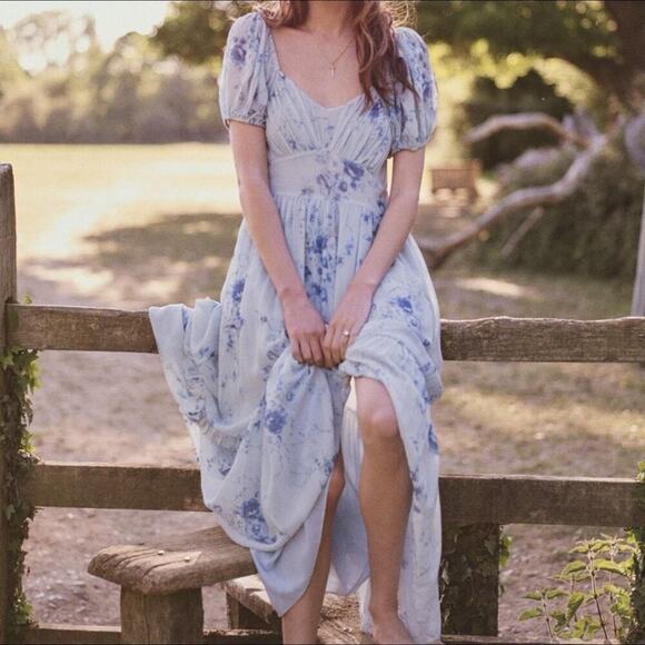 LoveShackFancy Angie Silk Floral Sweetheart Maxi Dress in Celestia Blue Size 4 - Picture 5 of 14